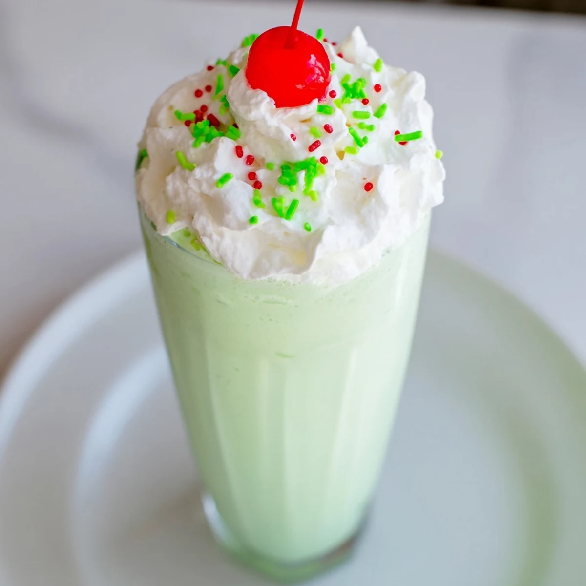 Close-up of a creamy Homemade Copycat Shamrock Shake with a thick, frosty texture and green hue, ready to enjoy on a warm day.