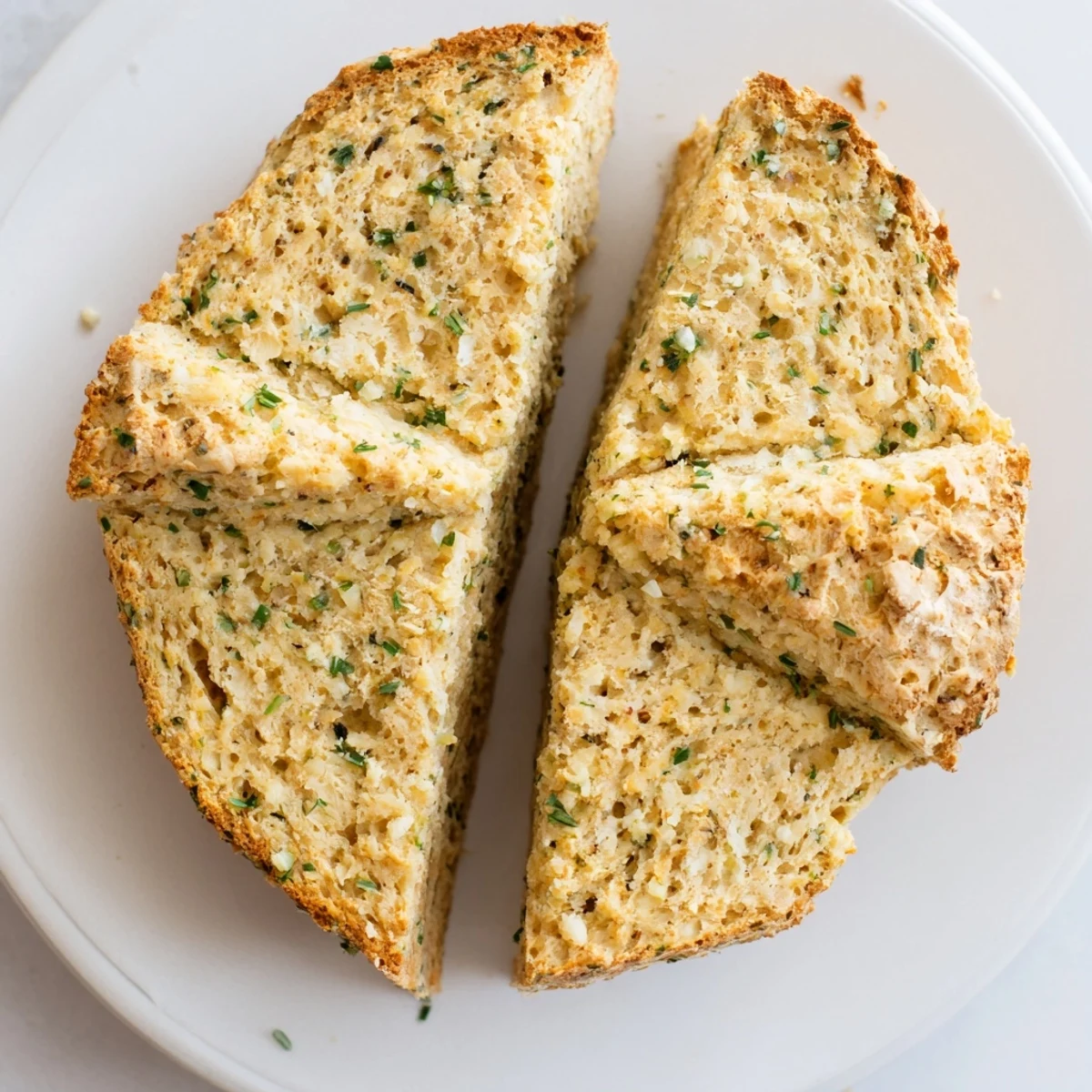 A golden-baked Savory Herbed Cheddar Irish Soda Bread loaf with a rustic X cut on top, resting on a wooden board.