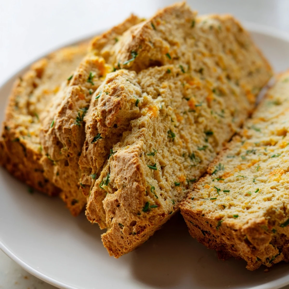 Warm Savory Herbed Cheddar Irish Soda Bread shows a flaky crust, served with butter beside a bowl of creamy stew.