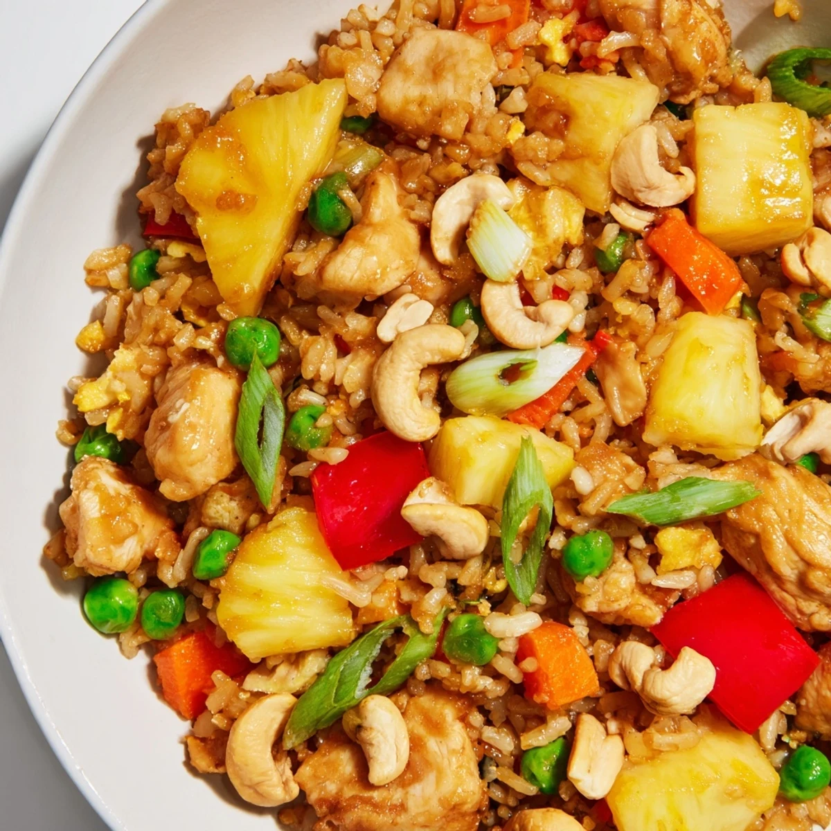 A close-up of Pineapple Chicken Fried Rice with Cashews, featuring golden chicken, vibrant pineapple chunks, and colorful bell peppers in a wok.