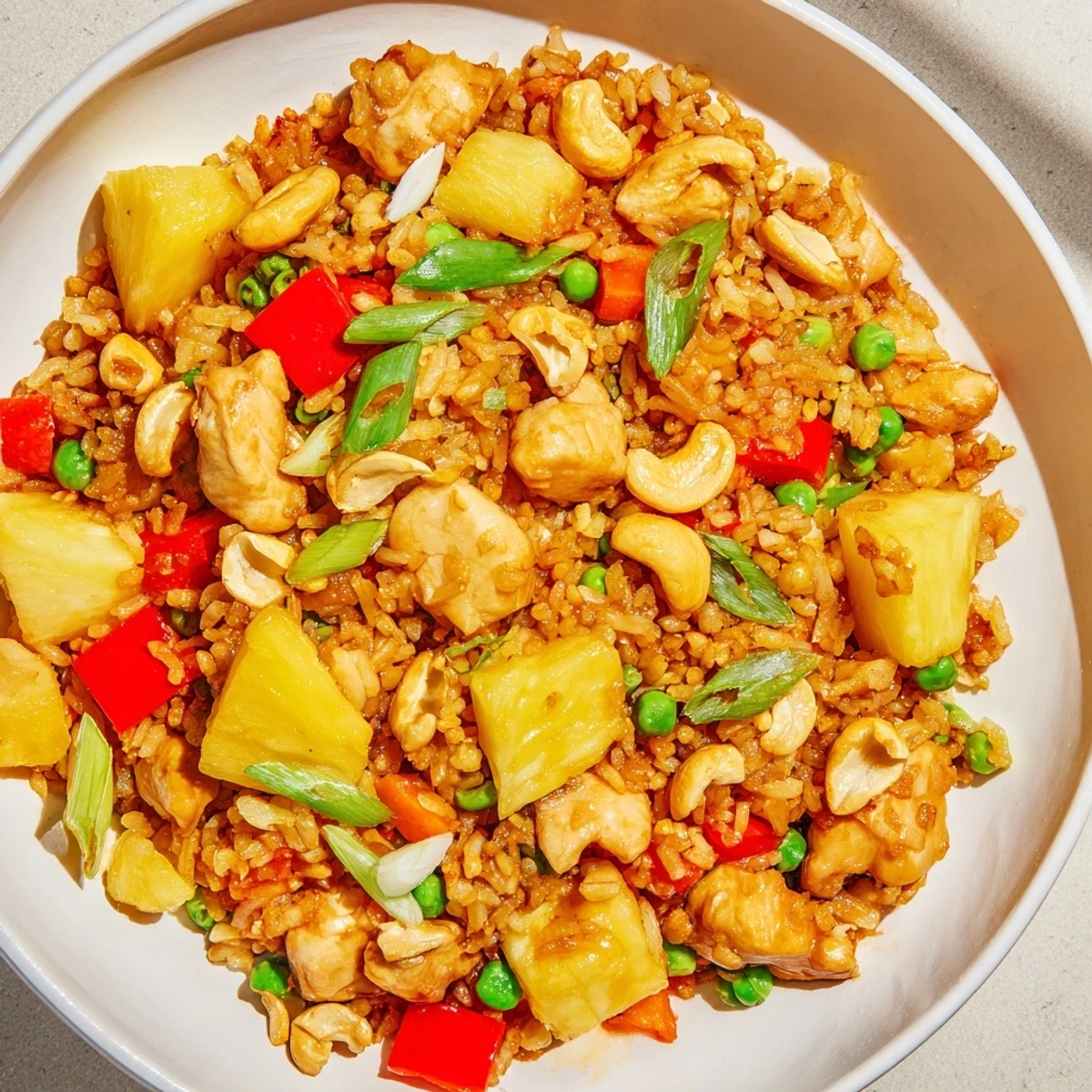 A serving of Pineapple Chicken Fried Rice with Cashews garnished with green onions, with lime wedges on the side for a bright flavor.