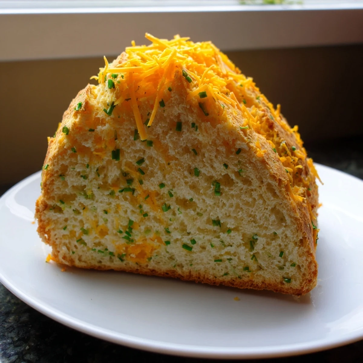 Savory Cheddar & Chive Irish Soda Bread cooling on a wire rack after baking, its rustic round shape and deep cross cut into the top. Great with soup.