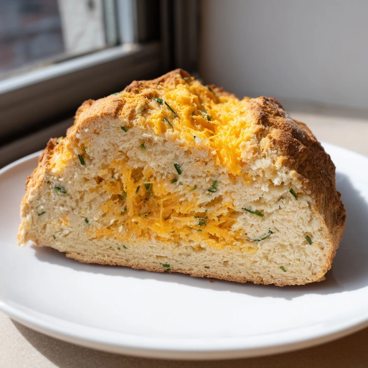 A rustic round Savory Cheddar & Chive Irish Soda Bread sitting on a wooden board with a knife beside it, ready for slicing and serving alongside stew.