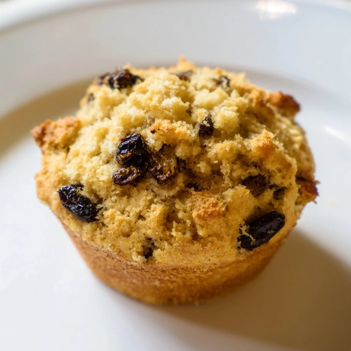 Close-up of golden-brown Mini Irish Soda Bread Muffins with a tender crumb and currants on a rustic wooden board.  
