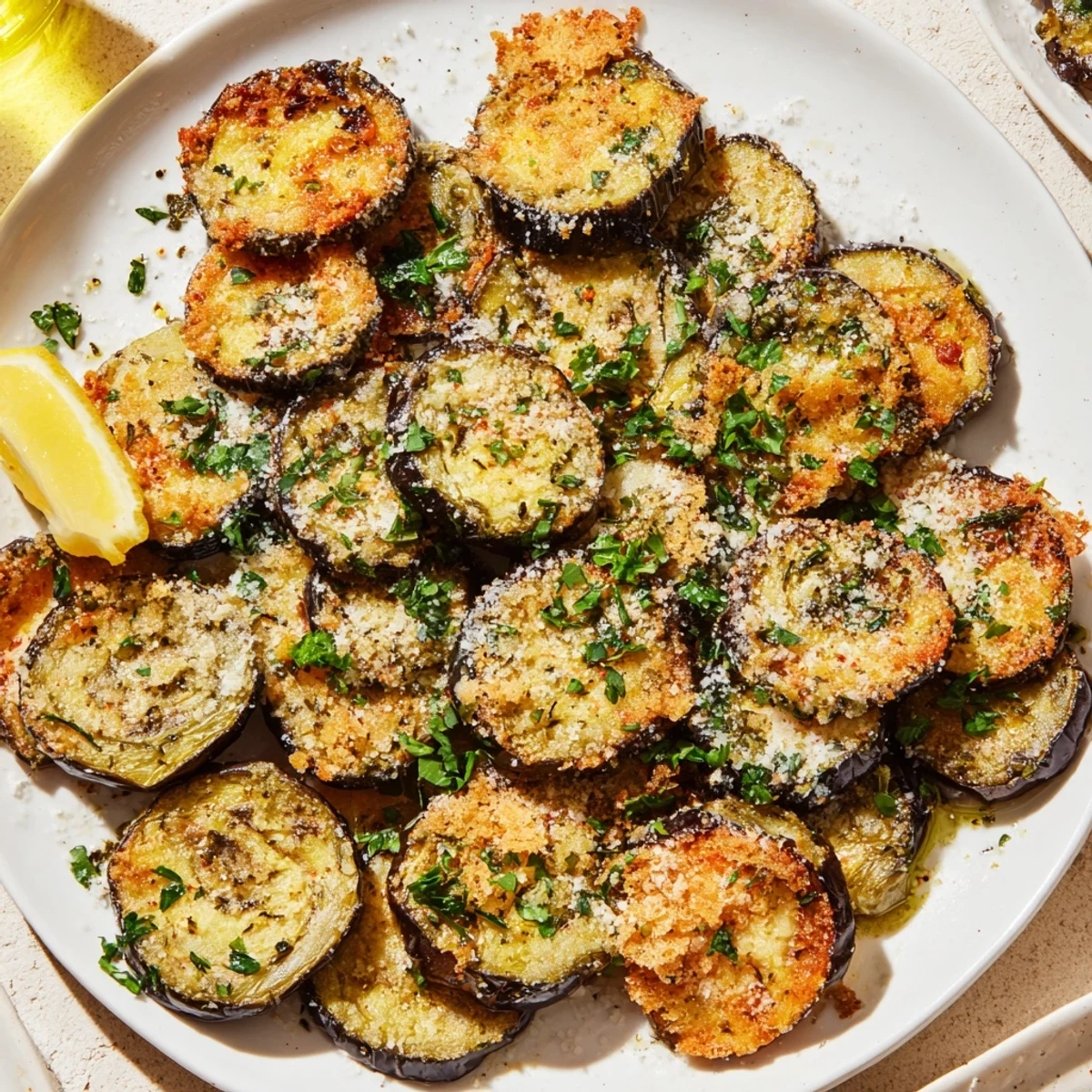 Roasted eggplant slices topped with golden Parmesan crisps and Mediterranean herbs on a white plate.