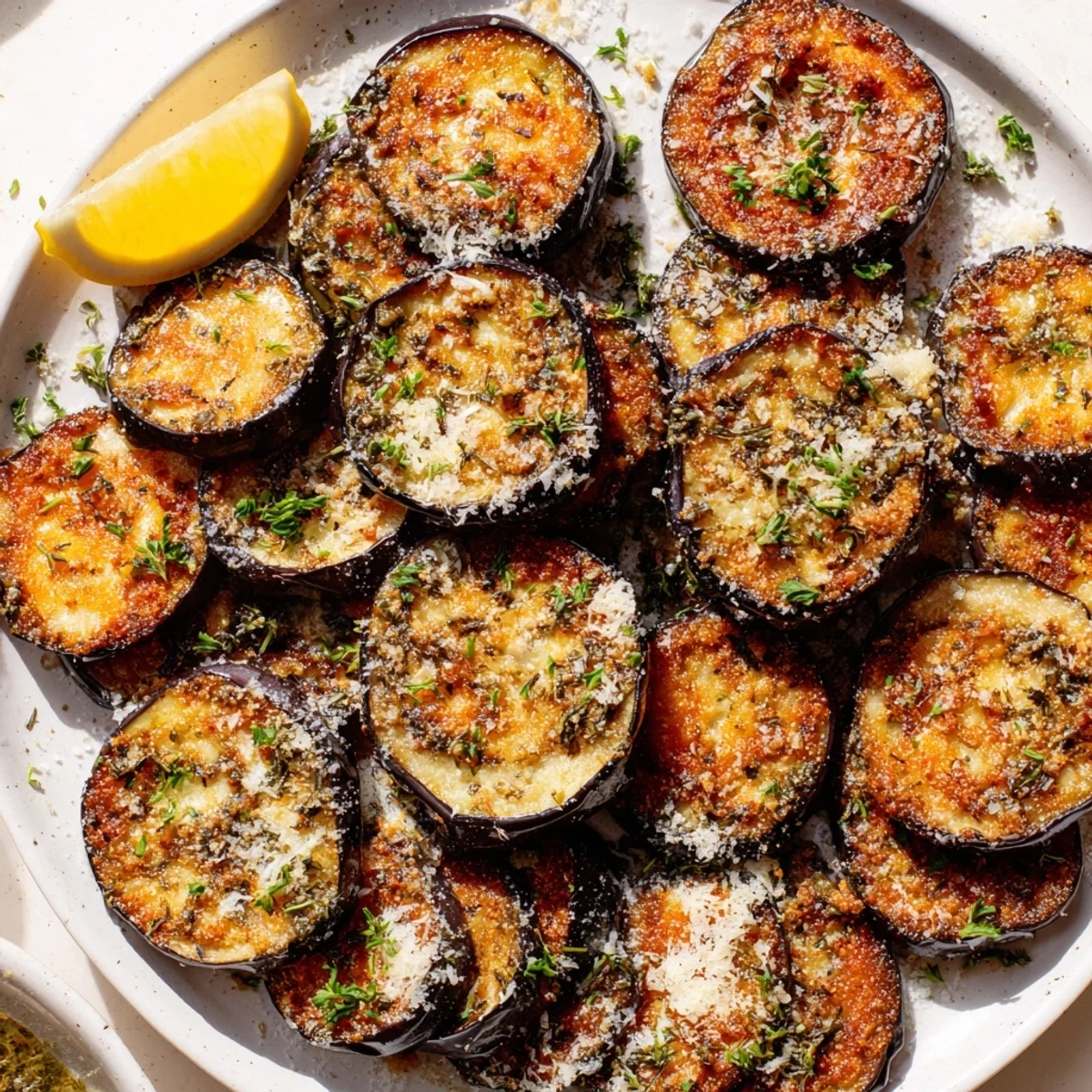 Golden-brown Mediterranean Roasted Eggplant & Parmesan Crisps served warm with fresh lemon wedges for garnish.