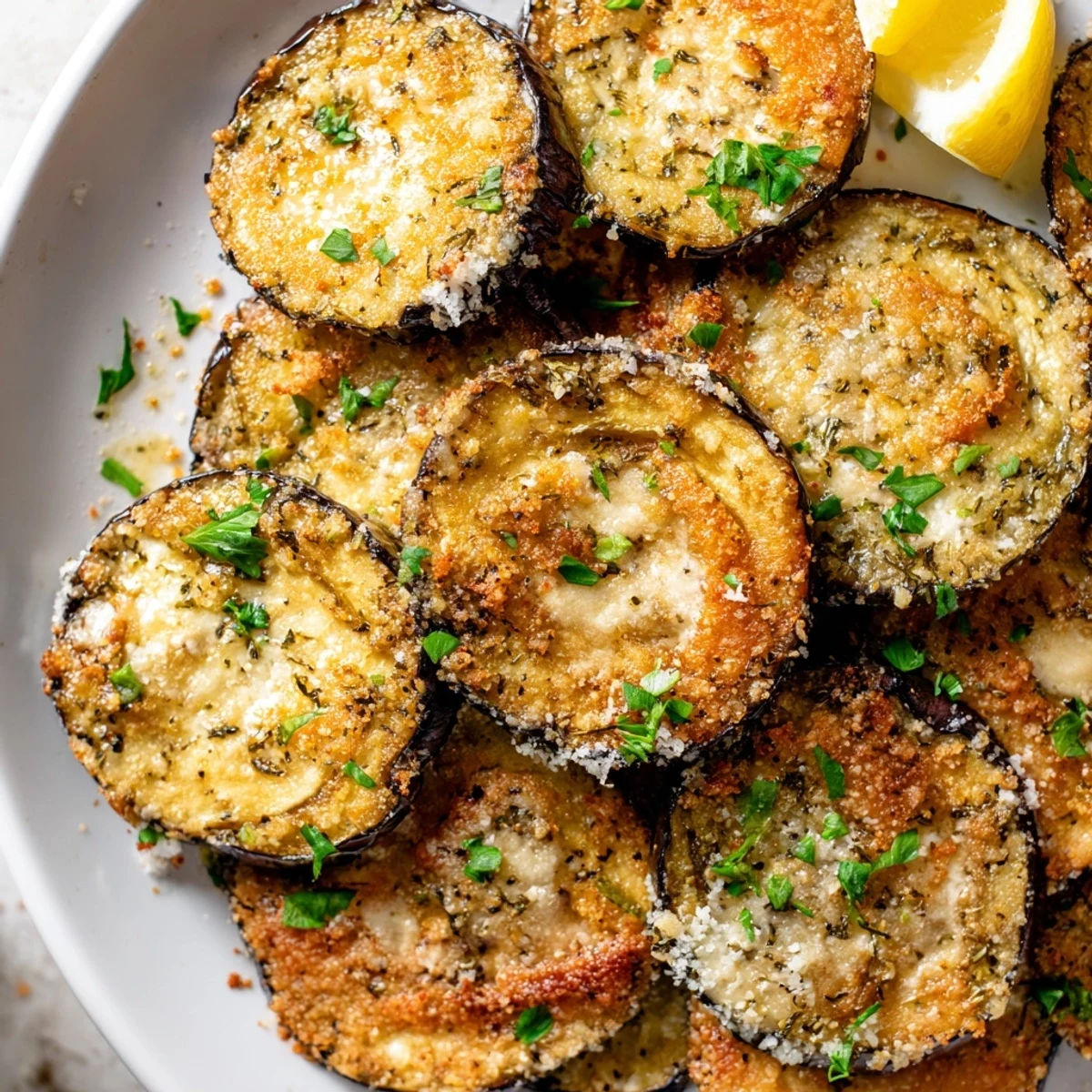 Close-up of crispy Mediterranean Roasted Eggplant & Parmesan Crisps with herbs and olive oil glistening.