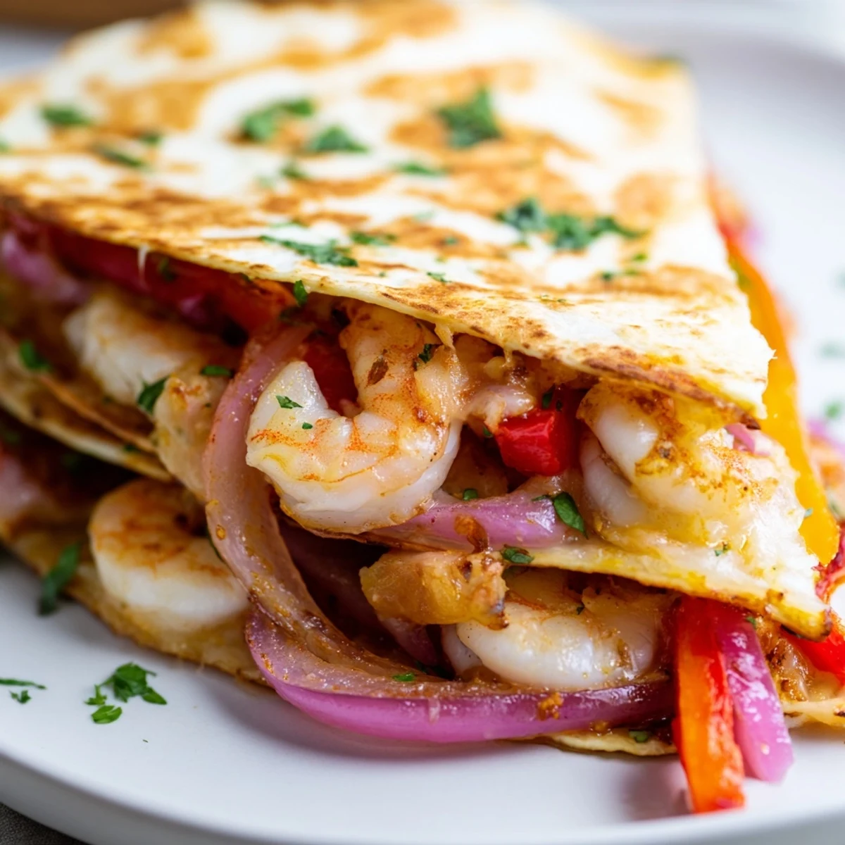 Golden-brown Shrimp Fajita Sheet Pan Quesadillas are cut into wedges, revealing layers of juicy shrimp, roasted peppers, and melted cheese.