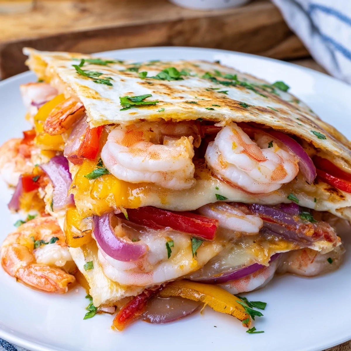 The baked Shrimp Fajita Sheet Pan Quesadillas sit on a serving platter surrounded by bowls of salsa, sour cream, and cilantro.