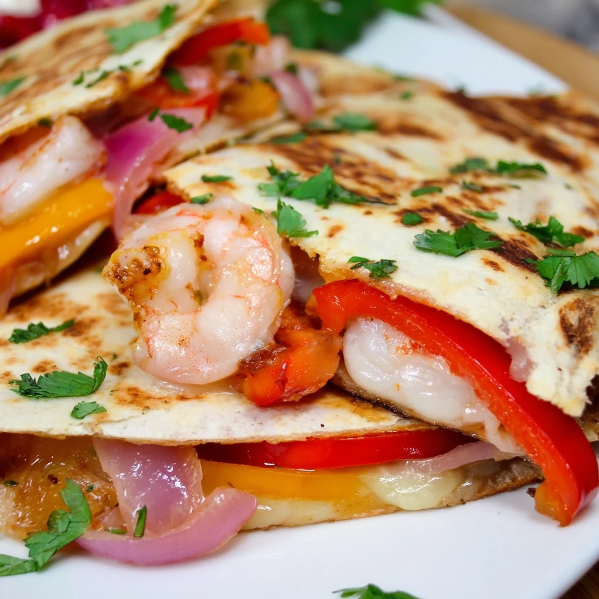 A close-up view shows a crispy Shrimp Fajita Sheet Pan Quesadilla wedge held over a plate with fresh lime wedges and avocado.