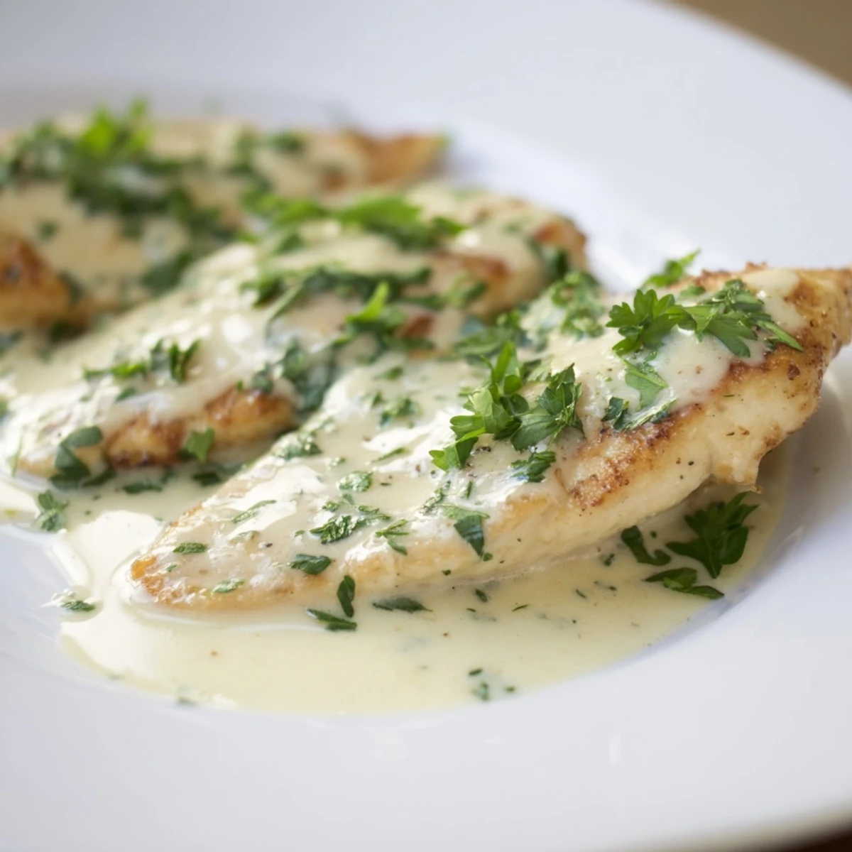 A skillet of Boursin Chicken sits beside fluffy mashed potatoes and crisp green beans for a comforting dinner.