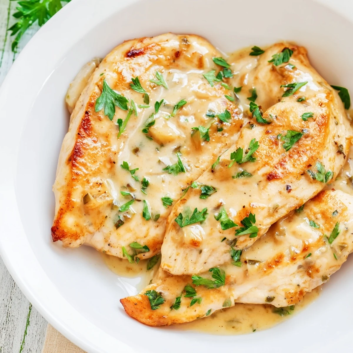 Golden seared chicken breasts swim in a glossy, creamy Boursin Chicken sauce flecked with fresh parsley and garlic.
