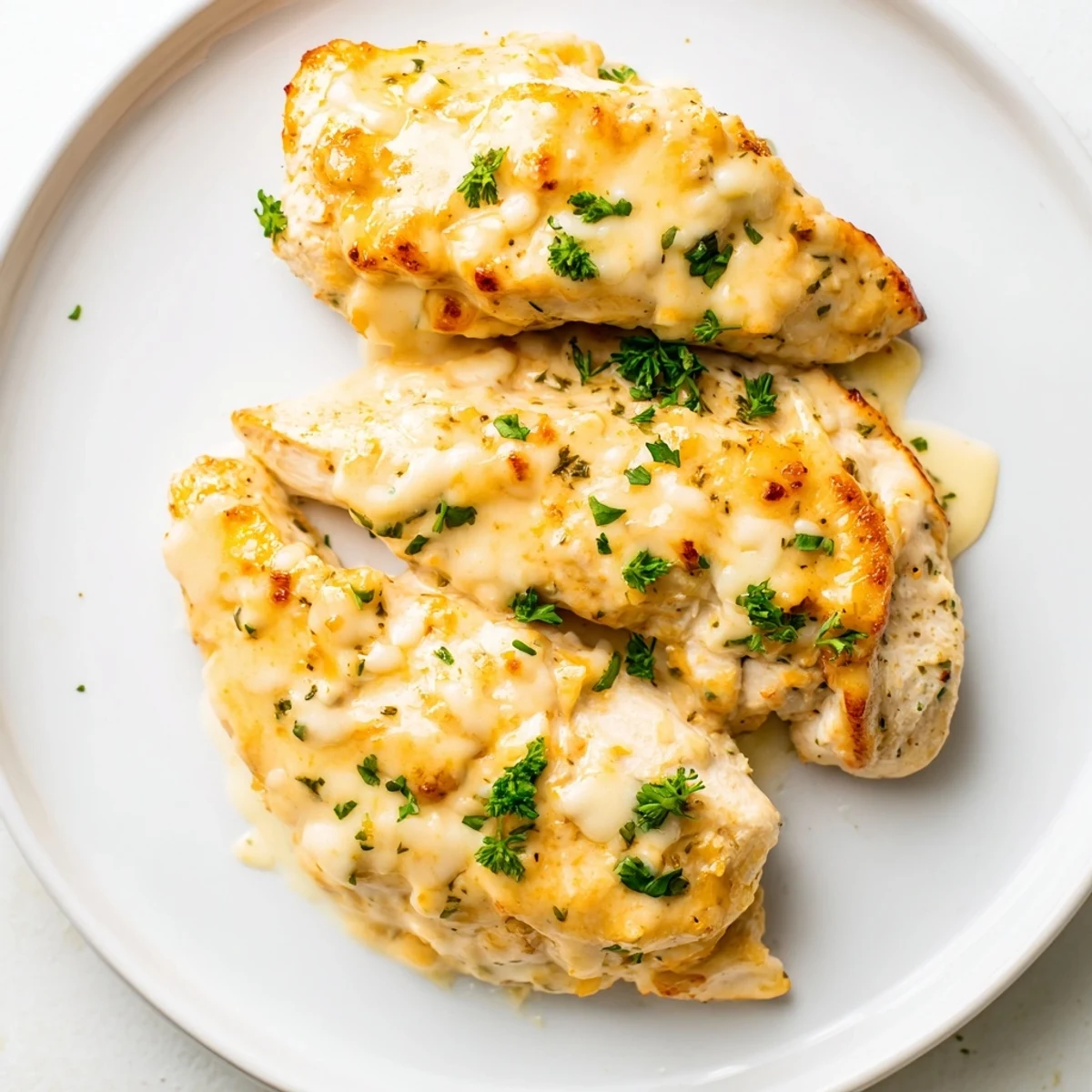 Steaming Boursin Chicken plated on a white dish shows rich, velvety sauce with herbs and tender sliced chicken.