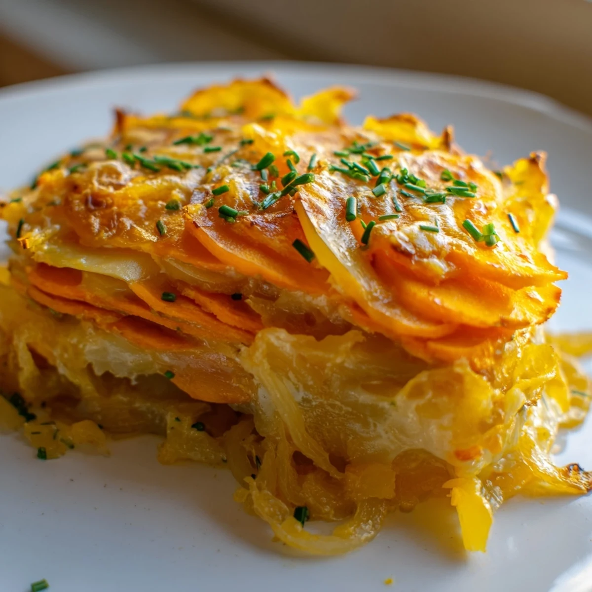 This vegetarian Cheesy Sweet Potato Gratin with Caramelized Onions Delight sits beside a glass of crisp white wine. 