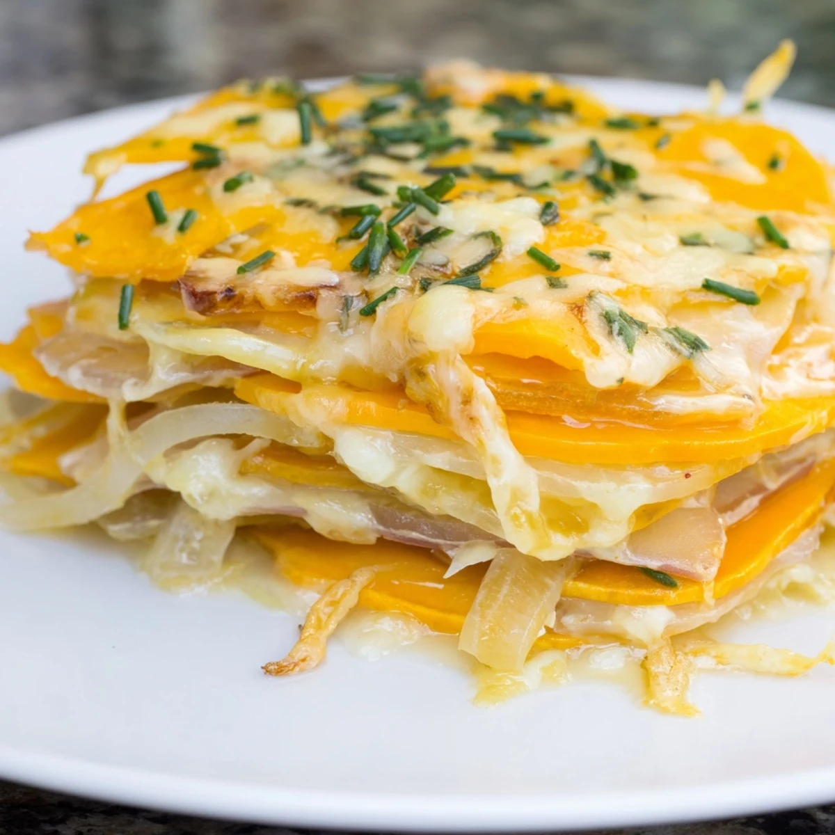 A golden-baked dish of Cheesy Sweet Potato Gratin with Caramelized Onions Delight features bubbly cheese and tender layers. 