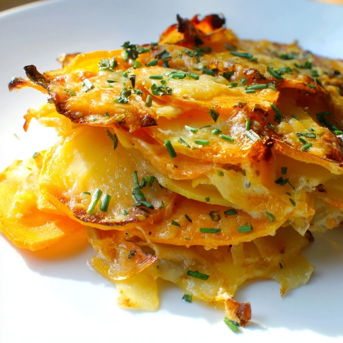 A close-up shows fork-tender slices of Cheesy Sweet Potato Gratin with Caramelized Onions Delight garnished with fresh chives.