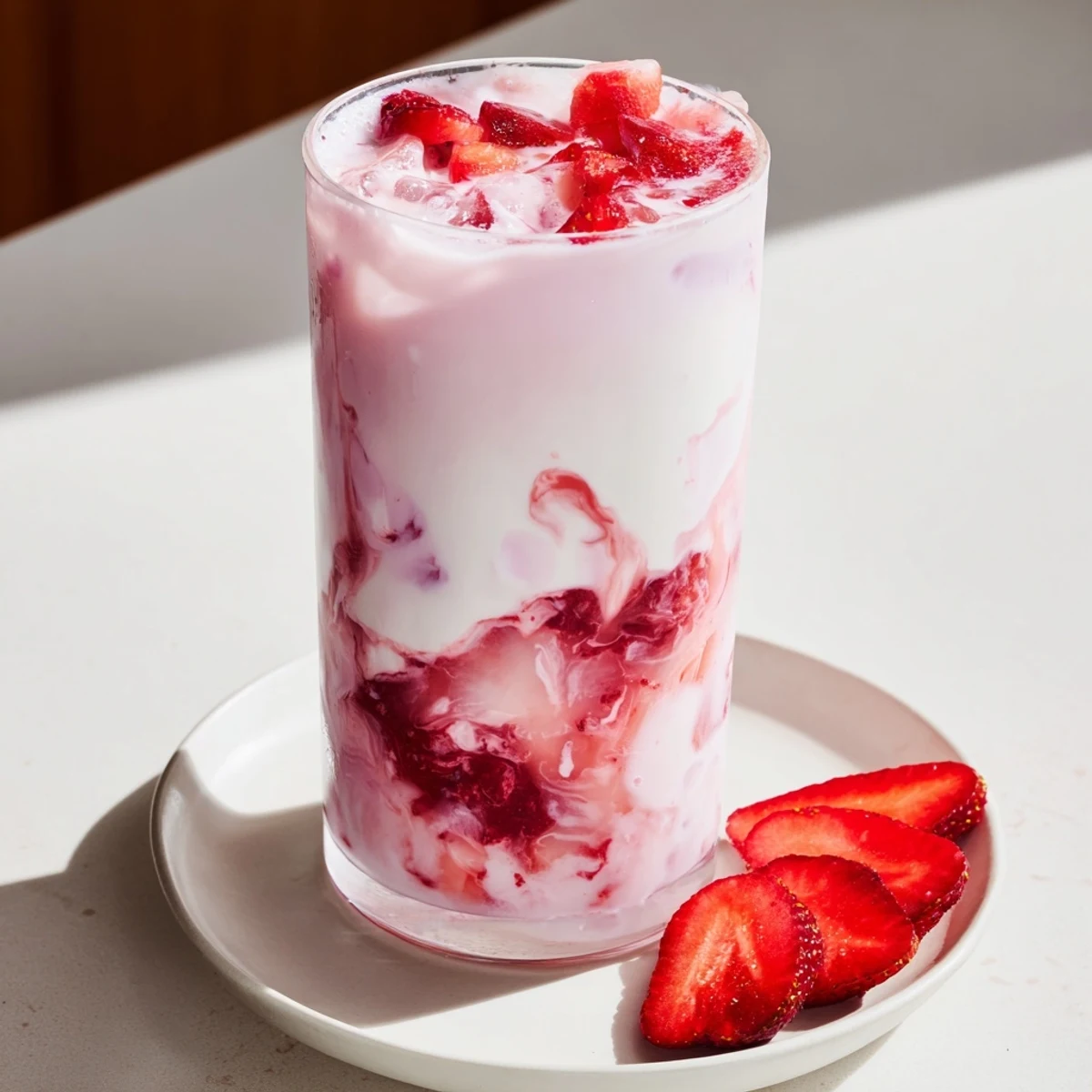 Creamy Cafe Style Korean Strawberry Milk served over ice in a tall glass, garnished with fresh strawberry slices.
