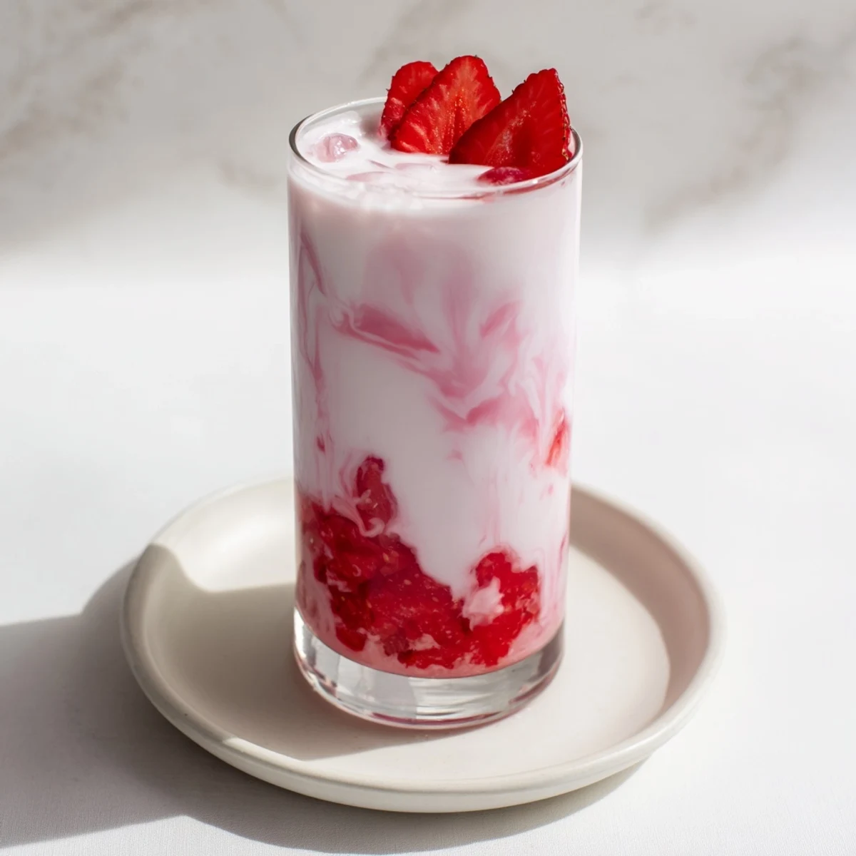 A glass of Cafe Style Korean Strawberry Milk with vibrant red swirls and fresh sliced strawberries on top.