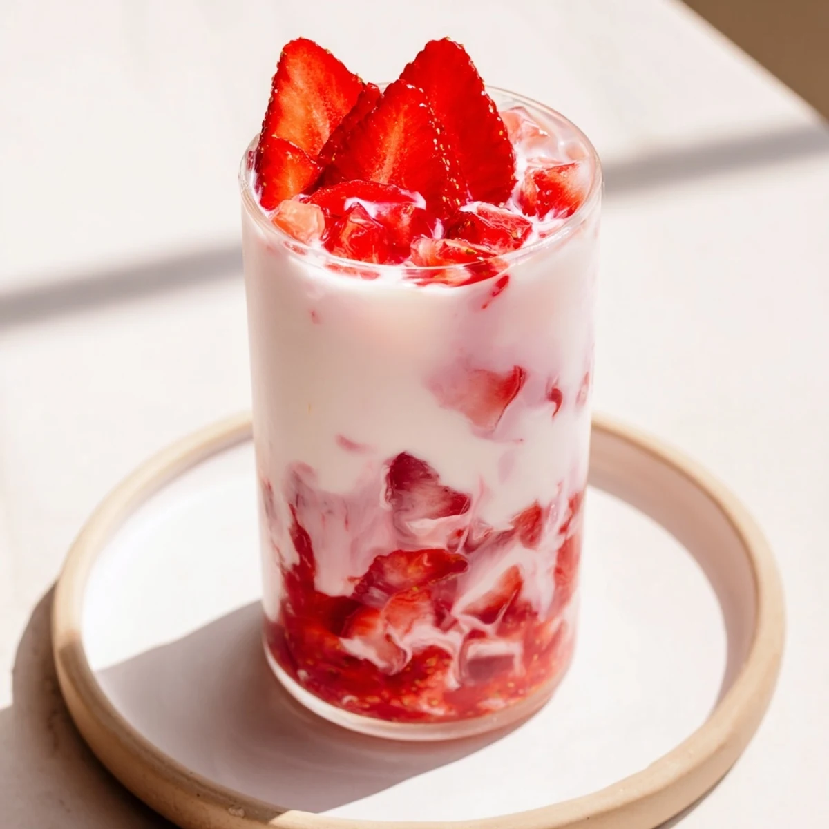 Homemade Cafe Style Korean Strawberry Milk in a glass, showing a layered look with syrupy strawberry sauce and milk.