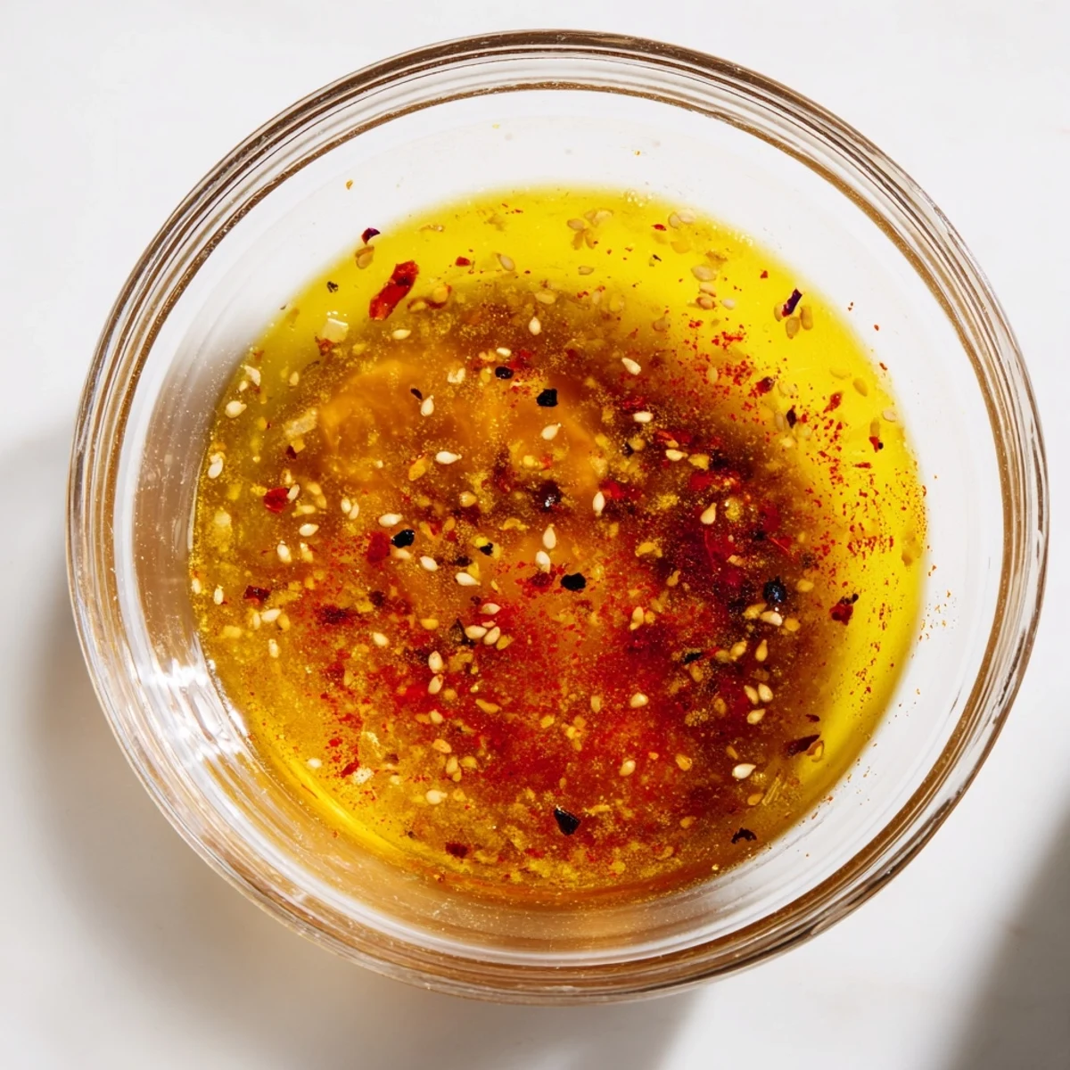 Freshly whisked Best Asian Coleslaw Dressing in a glass jar beside crisp slaw mix, sliced scallions, and a sprinkle of toasted sesame seeds.