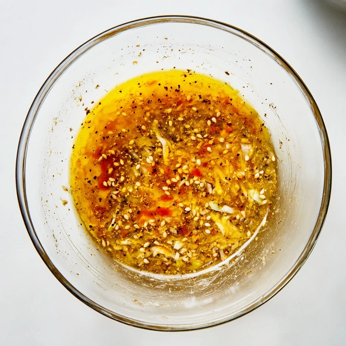 Whisked Best Asian Coleslaw Dressing with ginger and garlic, drizzled over colorful slaw with cabbage, carrots, and snap peas on a white serving plate.