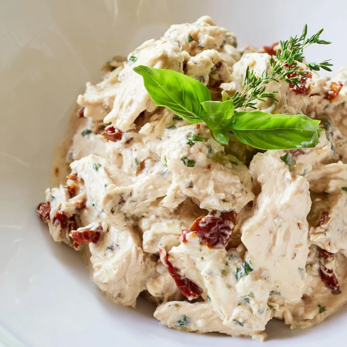 In the slow cooker, the Marry Me High Protein Crockpot Chicken sits in a creamy, sun-dried tomato sauce, ready to be served.