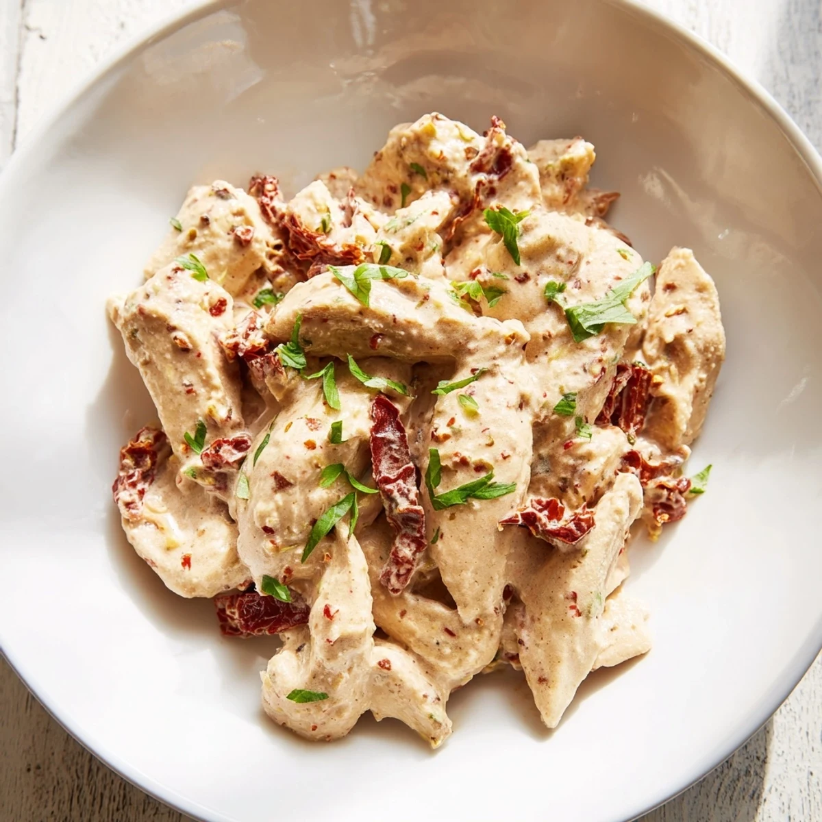 Shredded Marry Me High Protein Crockpot Chicken is garnished with fresh parsley and basil on a rustic plate, inviting and warm.