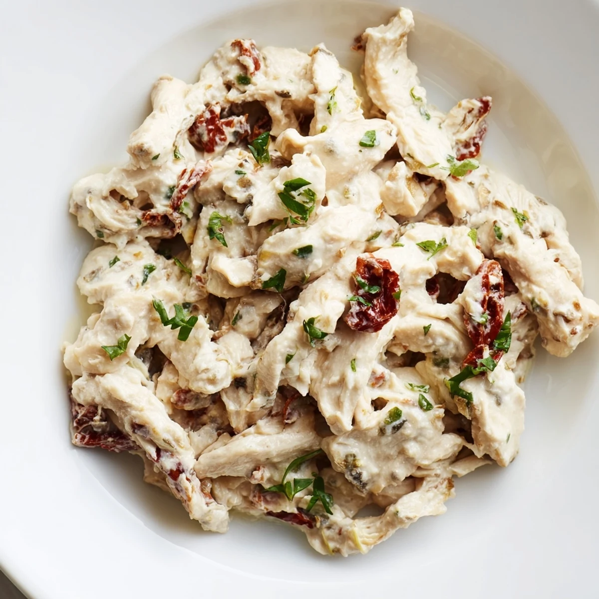 A bowl of Marry Me High Protein Crockpot Chicken features tender chicken pieces and a rich, cheesy sauce with herbs.