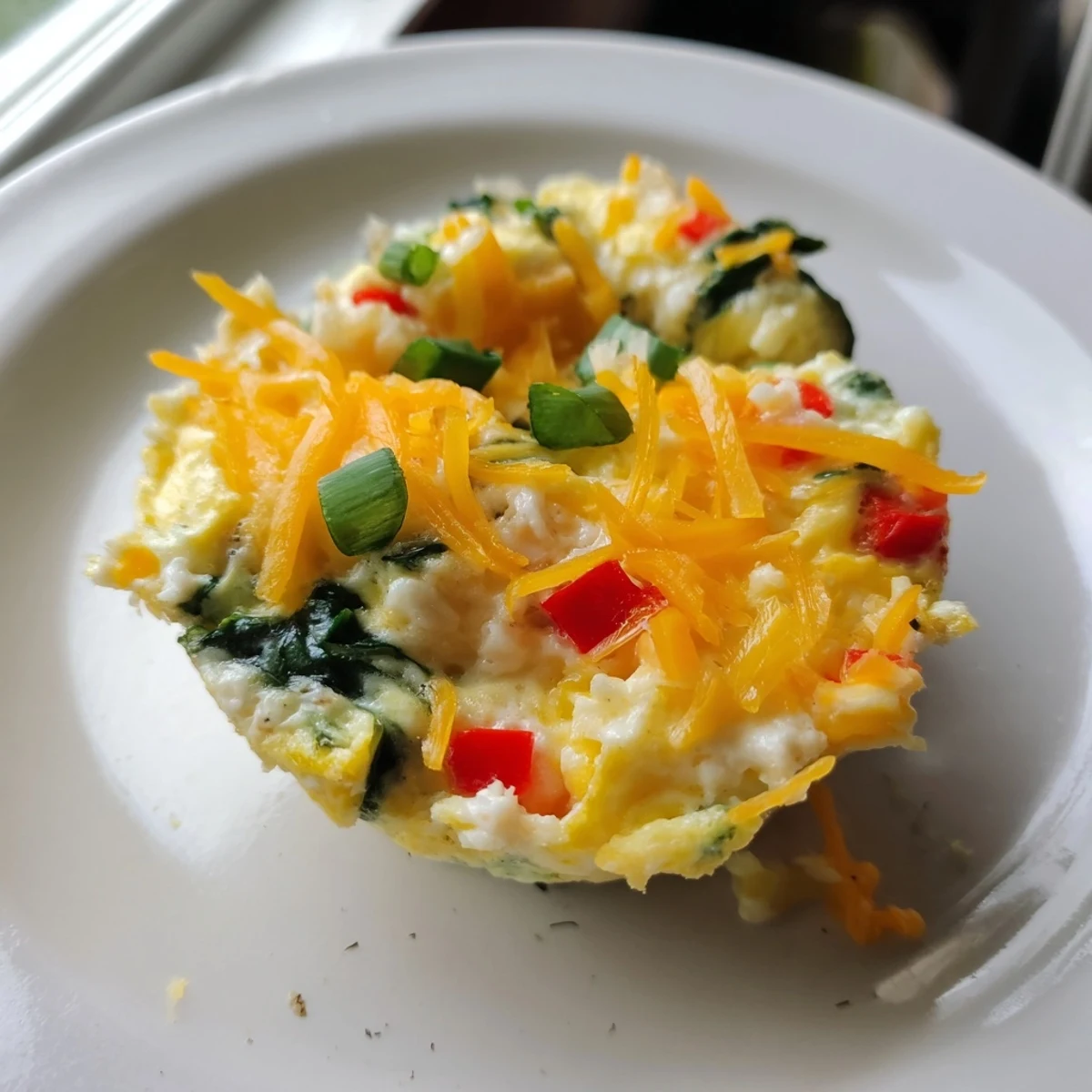Freshly baked Cottage Cheese Egg Bites with golden tops, packed with spinach and bell peppers, served warm.