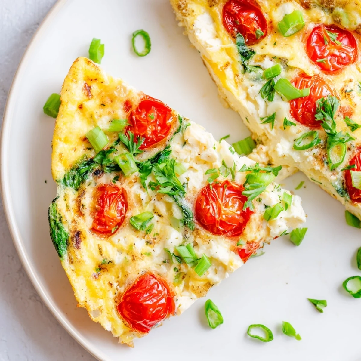 Fluffy, golden Simple Cottage Cheese Frittata baked with spinach, cherry tomatoes, and fresh herbs, served warm for breakfast.