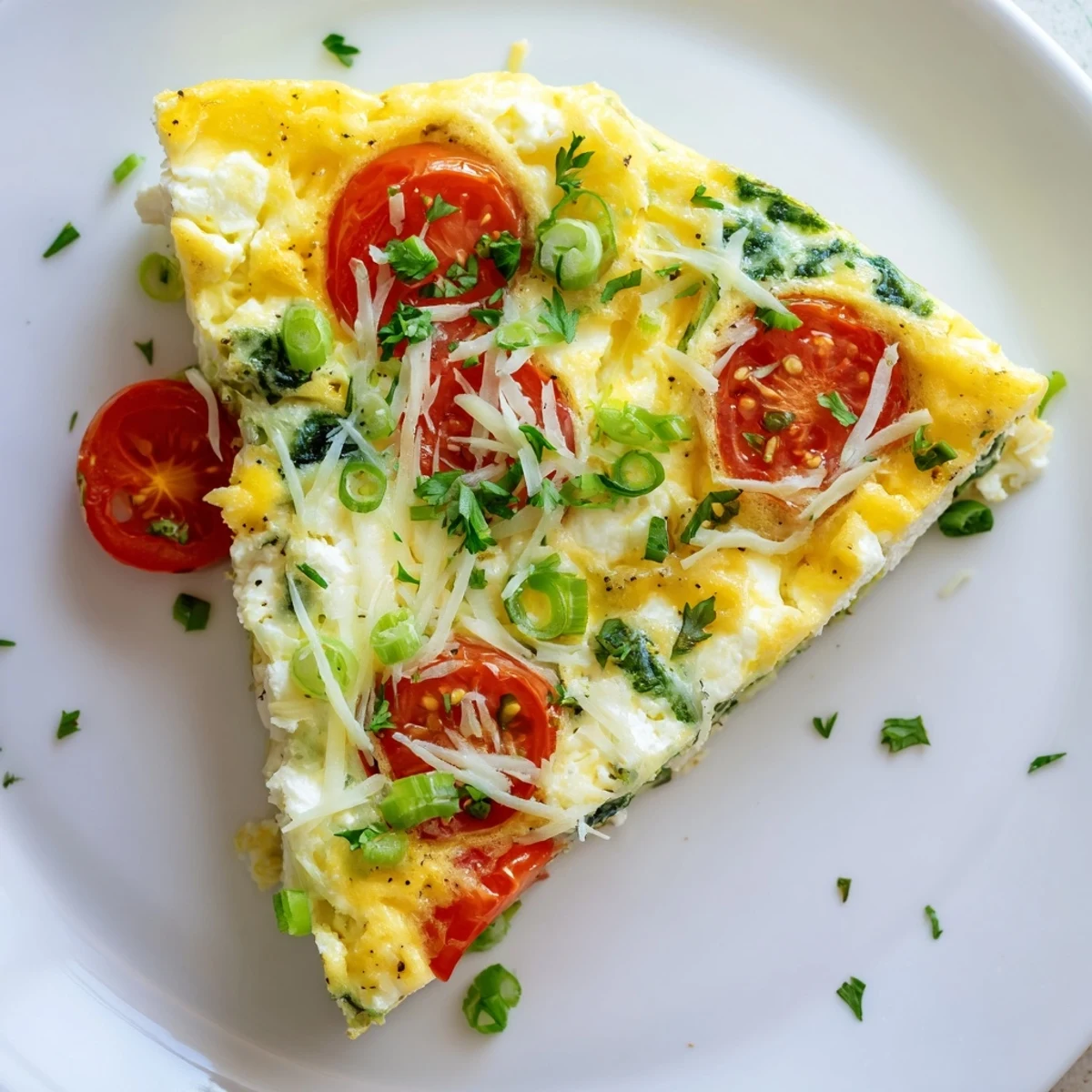 A slice of Simple Cottage Cheese Frittata reveals creamy cottage cheese, melted cheddar, and vibrant green onions on a plate.