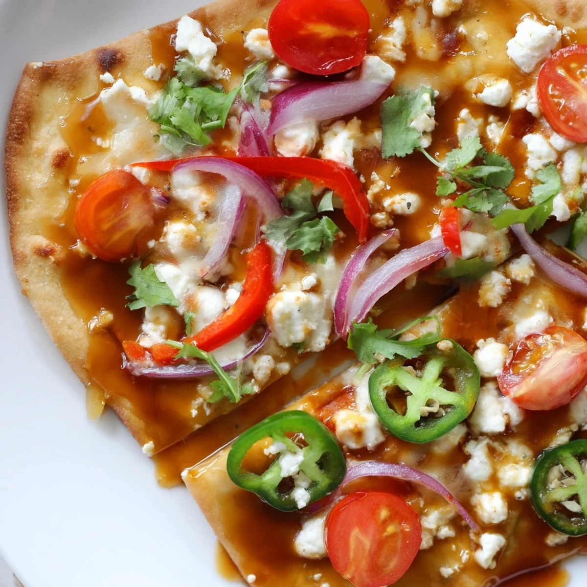 Freshly baked Sweet Heat Honey Garlic Flatbread Pizza with melted mozzarella, feta, and colorful peppers on a baking sheet.