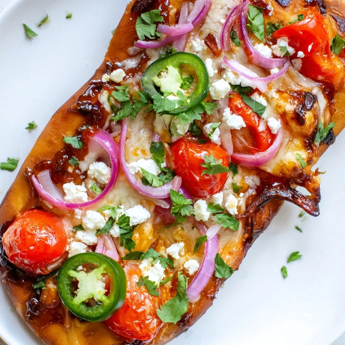 Golden Sweet Heat Honey Garlic Flatbread Pizza topped with spicy jalapeños, cherry tomatoes, and fresh cilantro, drizzled with sauce.