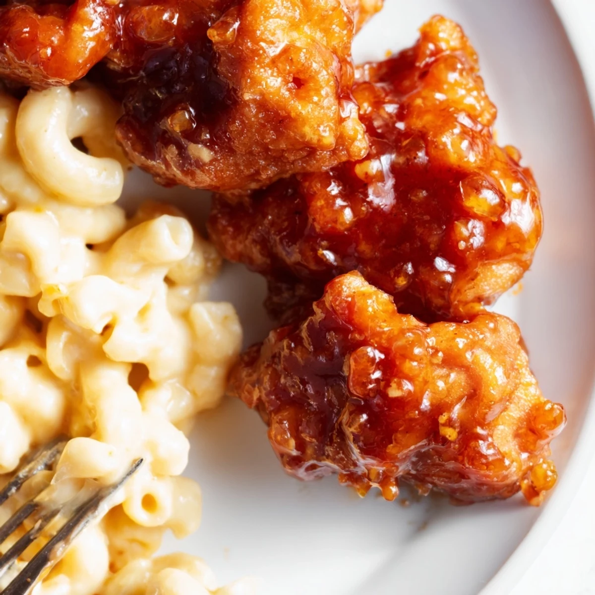 Golden-brown chicken coated in sweet and spicy honey pepper sauce next to creamy mac and cheese.