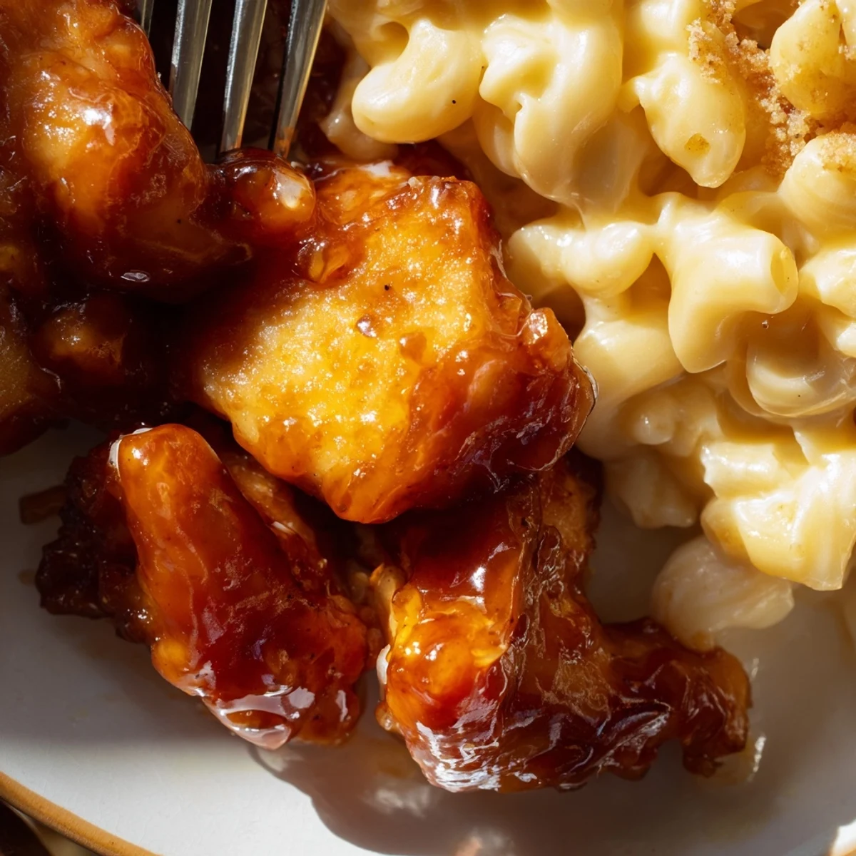 Close-up of tender chicken with honey pepper glaze served over a bed of cheesy macaroni.