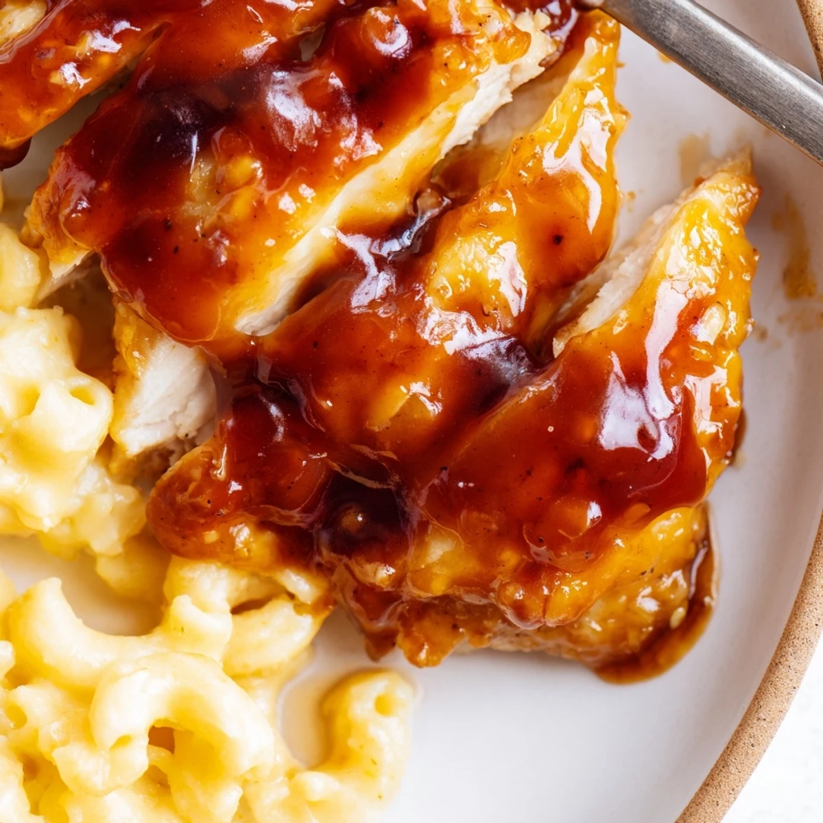 Comfort food plate featuring juicy chicken in honey pepper sauce alongside rich and creamy mac and cheese.