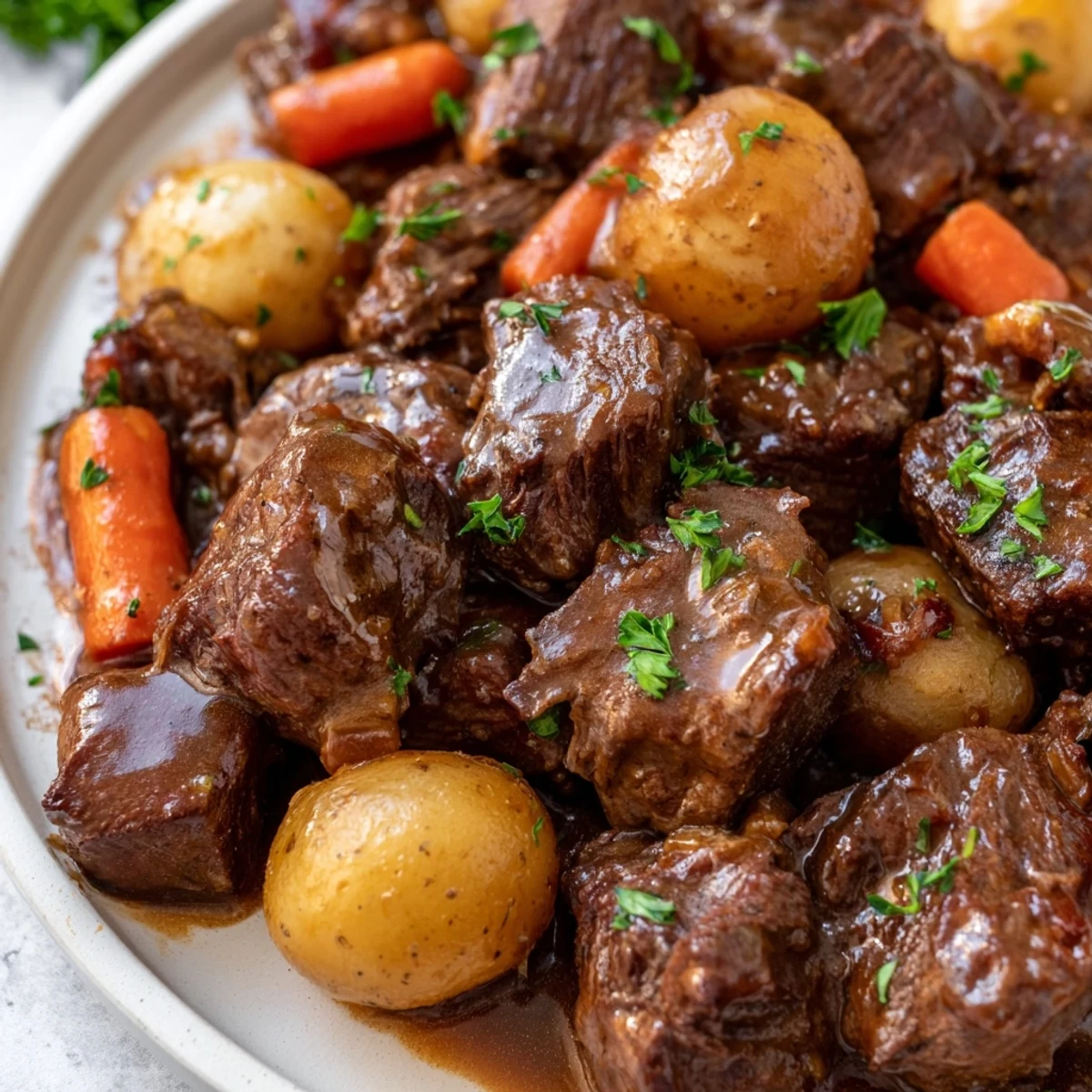 Golden potatoes and savory beef smothered in garlic butter, garnished with fresh parsley and served from the slow cooker.
