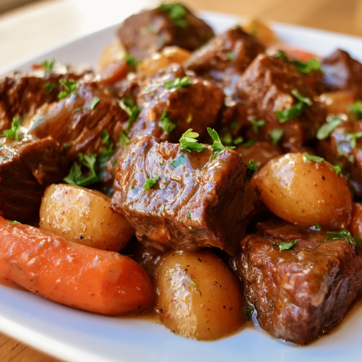 Tender beef cubes and baby potatoes slow-cooked in a rich garlic butter sauce for a comforting weeknight dinner.
