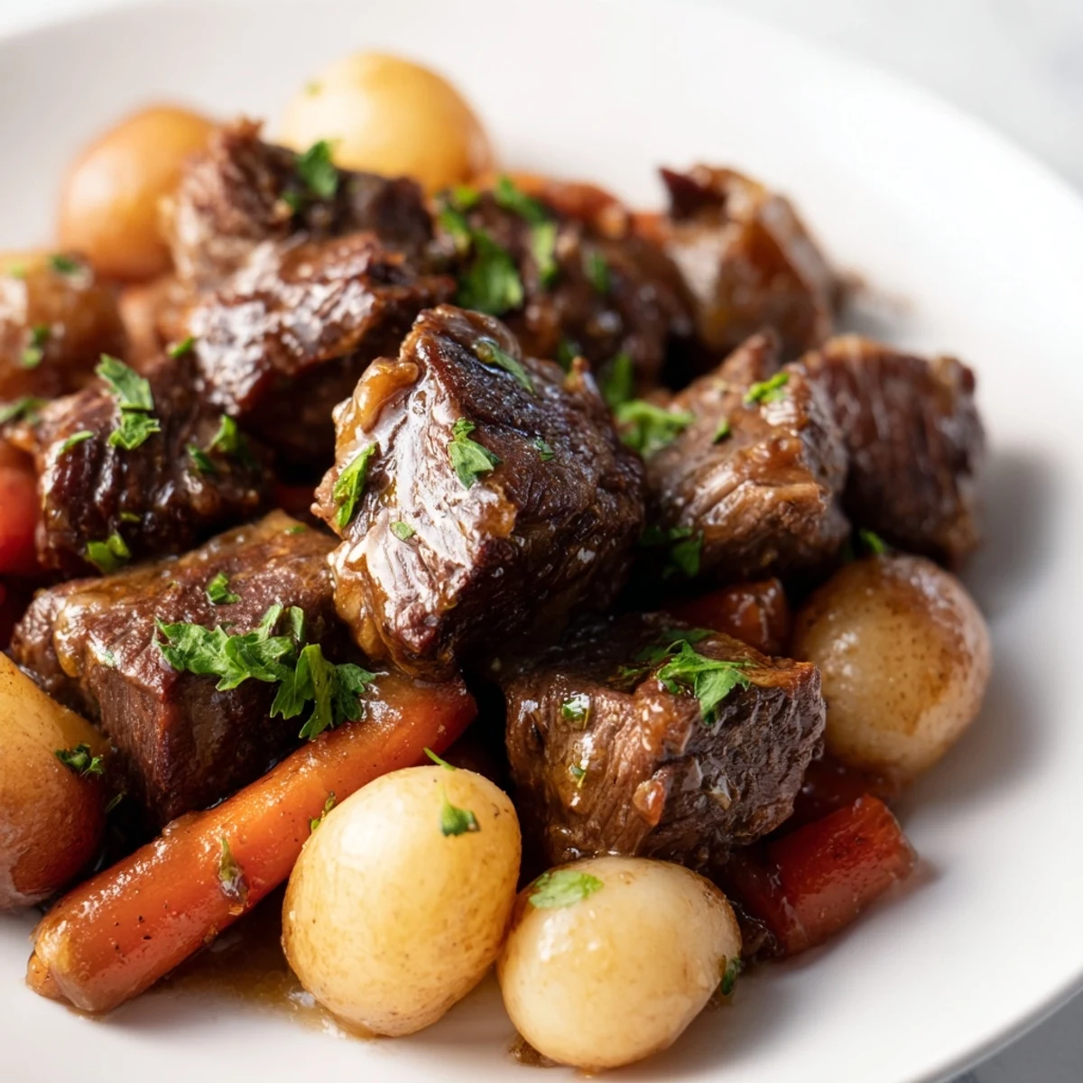 A close-up of Slow Cooker Garlic Butter Beef with Potatoes, showcasing fork-tender meat and buttery herb sauce in a rustic bowl.