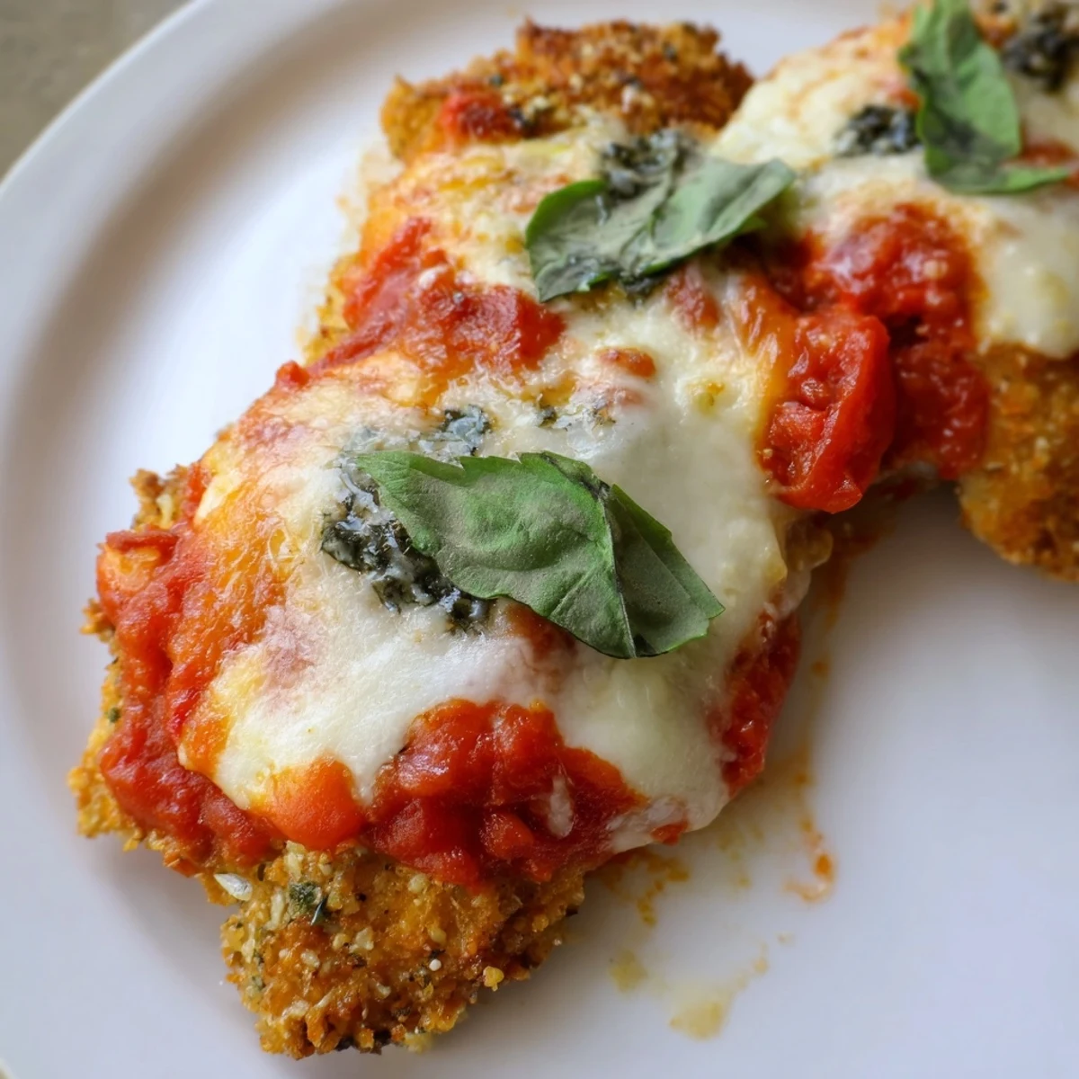 Crispy fried chicken breast base topped with melted mozzarella, tomato sauce, and fresh basil leaves for Chicken Parmesan Pizza.