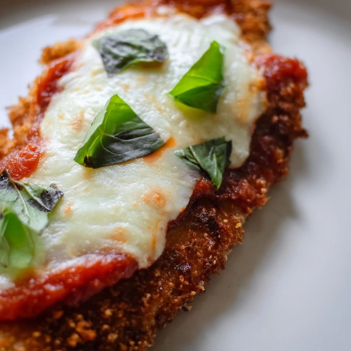 Sliced Chicken Parmesan Pizza on a wooden board, featuring crunchy chicken, tangy sauce, and herbs for an Italian-inspired dinner.