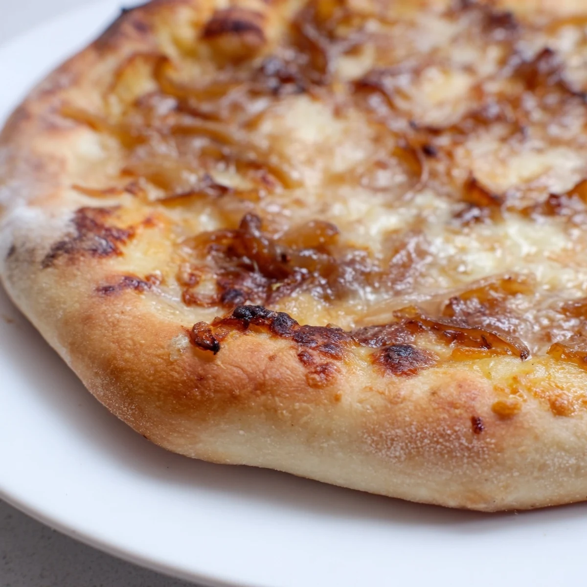 A close-up of freshly baked Caramelized Onion Pizza With Melty Cheese on a wooden board, showcasing golden crust and bubbling cheese.