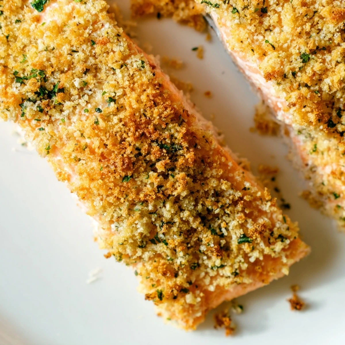 Close-up of Crispy Parmesan Salmon Bake with golden, crunchy cheese crust and flaky pink flesh, served with lemon wedges.