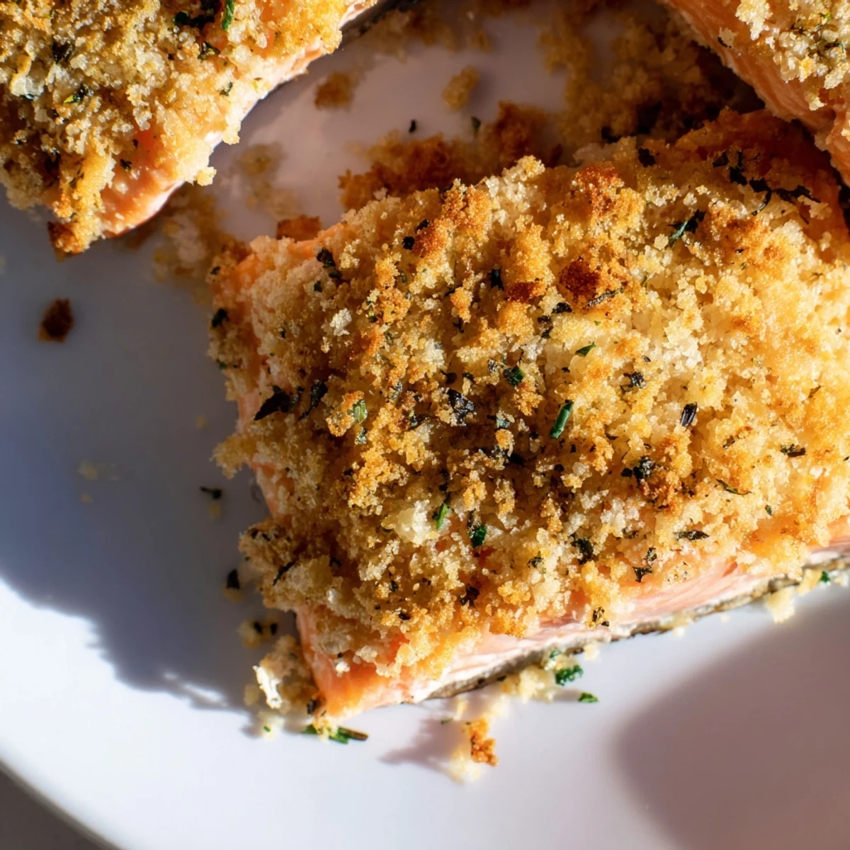 A serving of Crispy Parmesan Salmon Bake on a white plate, garnished with fresh parsley beside a crisp green salad.