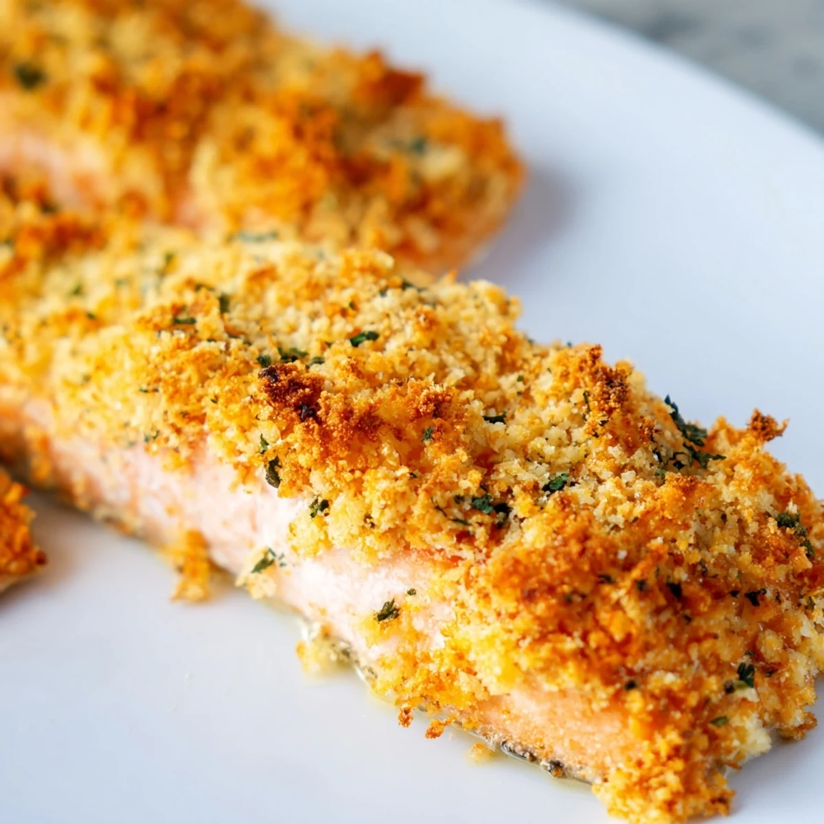 Freshly baked Crispy Parmesan Salmon Bake on a parchment-lined sheet, showcasing bubbly Parmesan topping and tender salmon interior.
