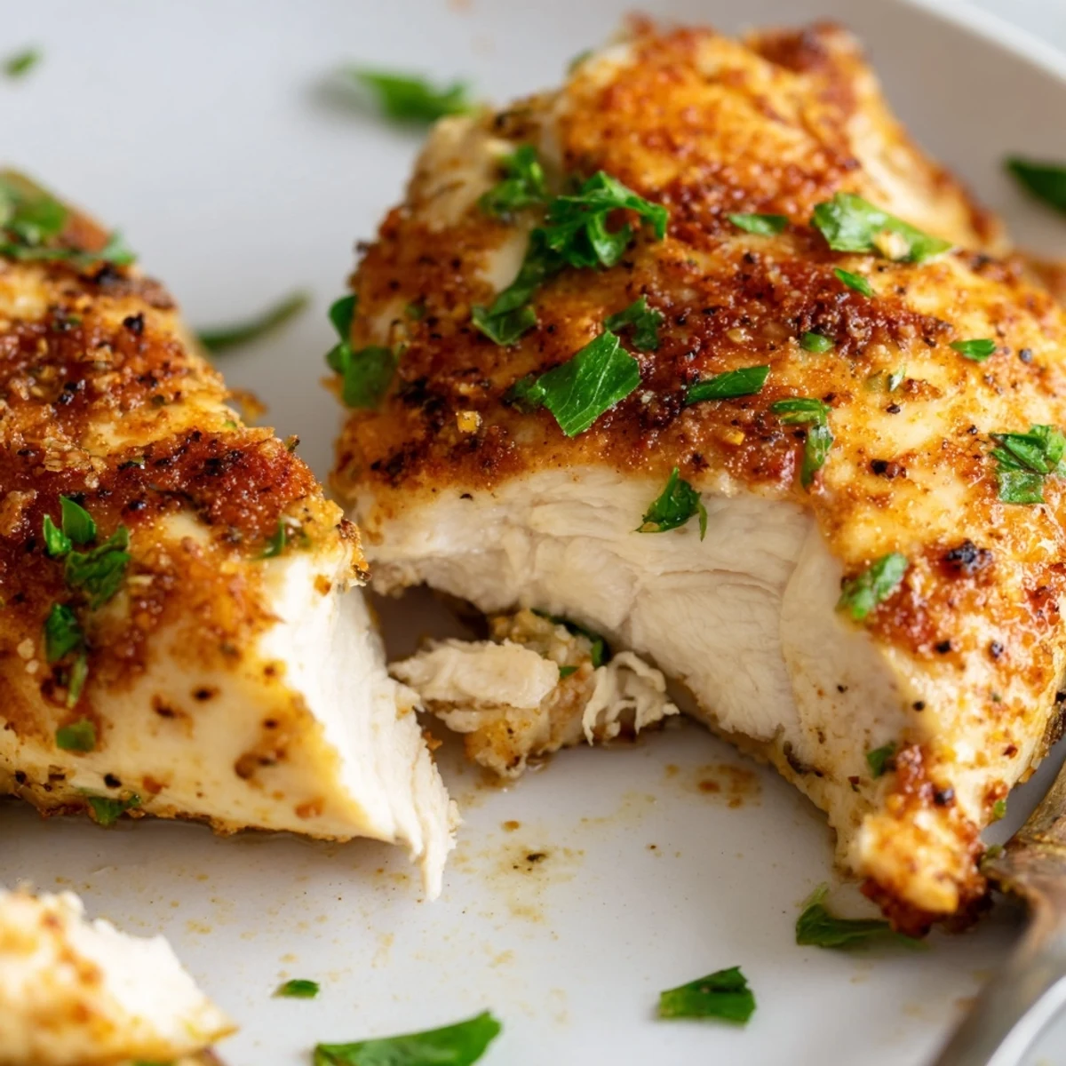 Golden-brown Oven Baked Chicken Breasts rest on a baking sheet with fresh parsley and lemon wedges.