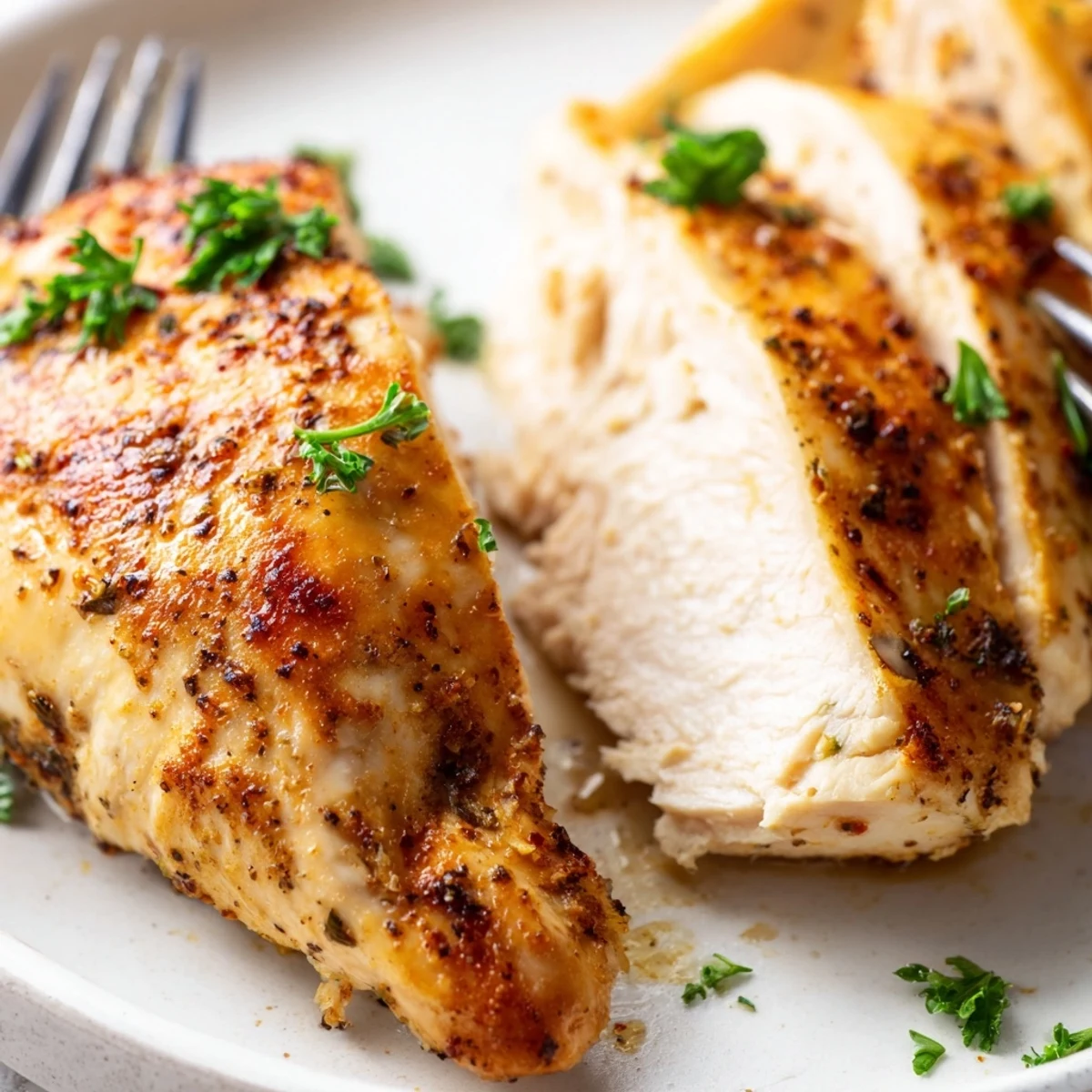 Juicy Oven Baked Chicken Breasts are plated alongside roasted vegetables for a healthy, delicious meal.