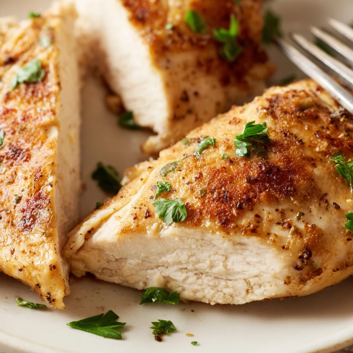 Freshly cooked Oven Baked Chicken Breasts garnished with parsley and served with a squeeze of lemon.