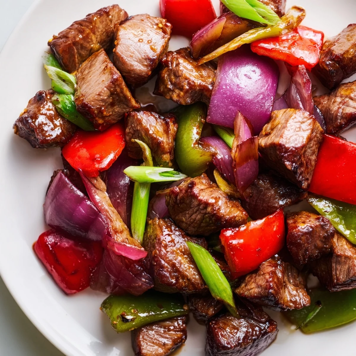 Golden-brown Vietnamese Shaking Beef cubes sizzling in a hot wok with onions and peppers.