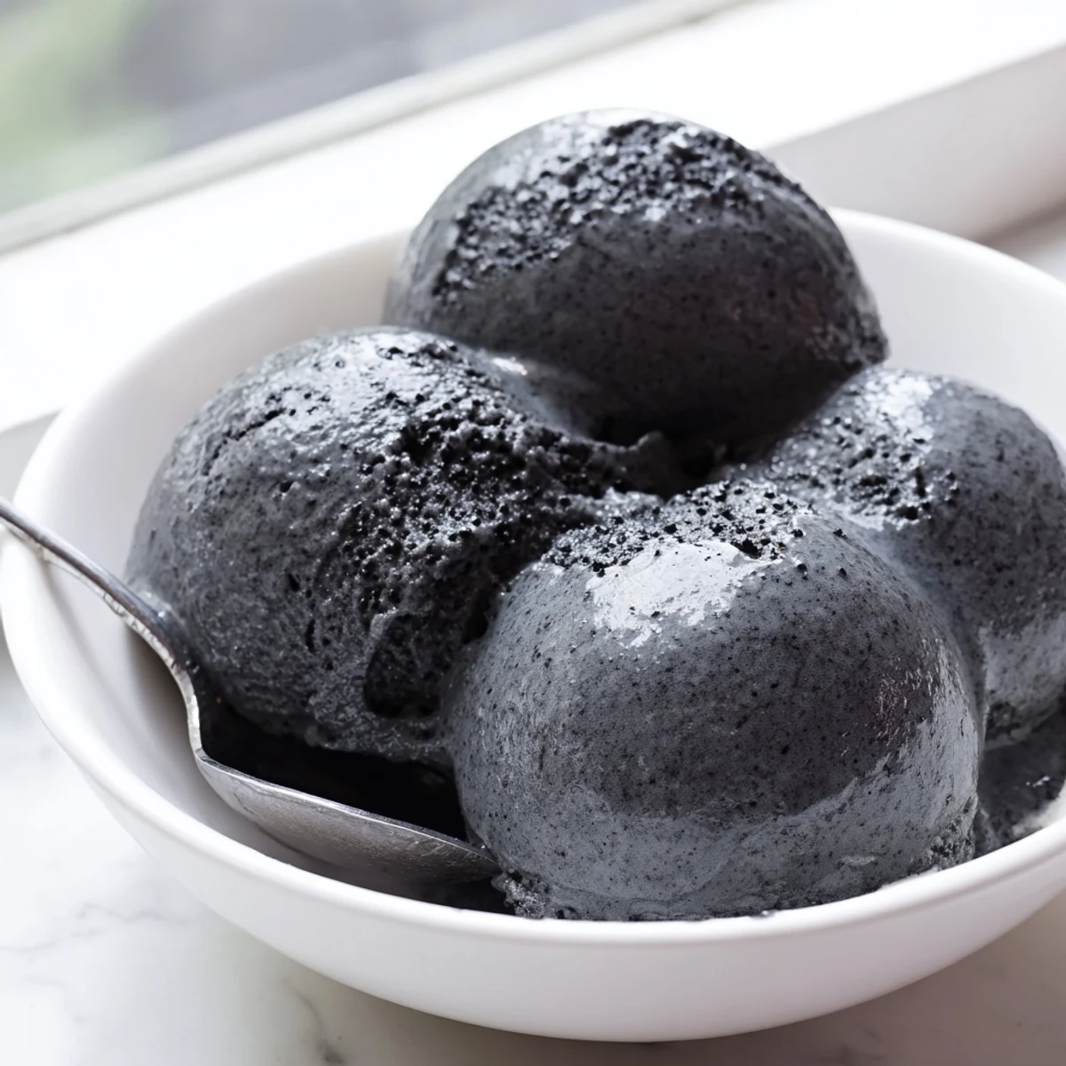 Creamy Toasted Black Sesame Ice Cream served in a waffle cone with a toasted seed garnish.